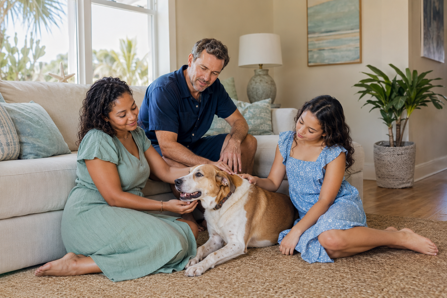 A family sharing a calm moment with their dog at home